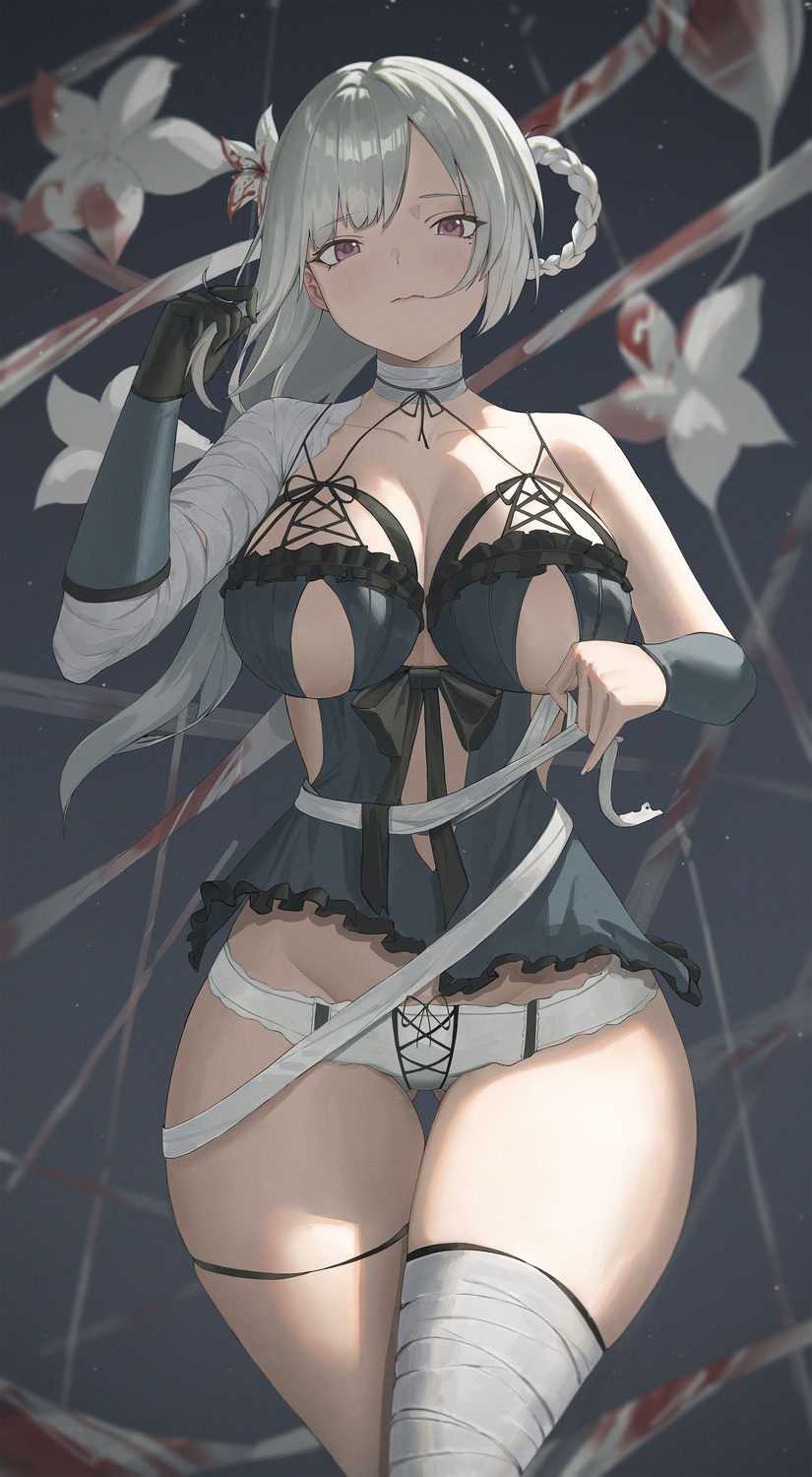 bandages black_c garter kaine_(nier) lingerie nier nier_replicant no_bra pantsu thighhighs