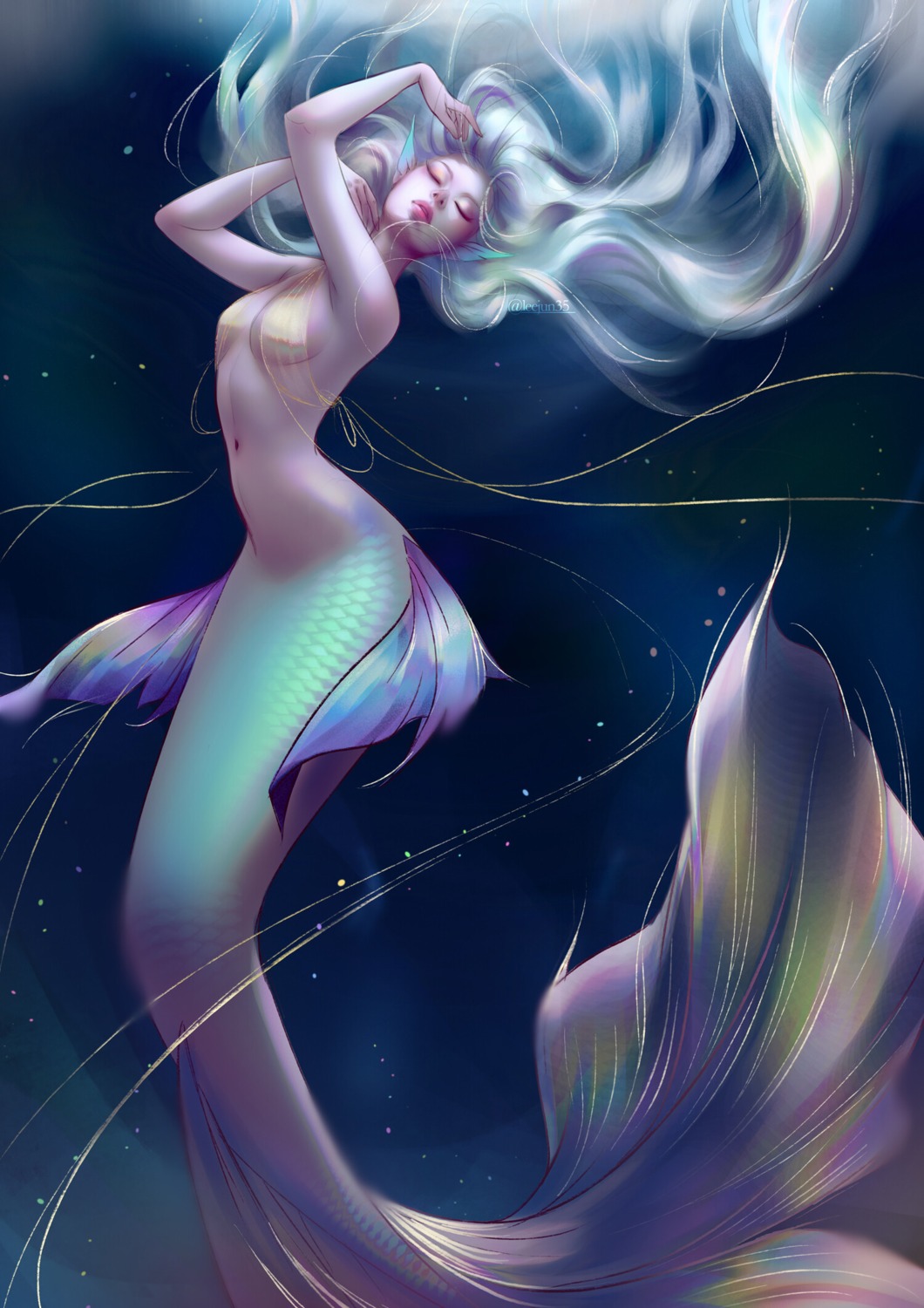 animal_ears bottomless leeyun35 mermaid monster_girl no_bra see_through tail