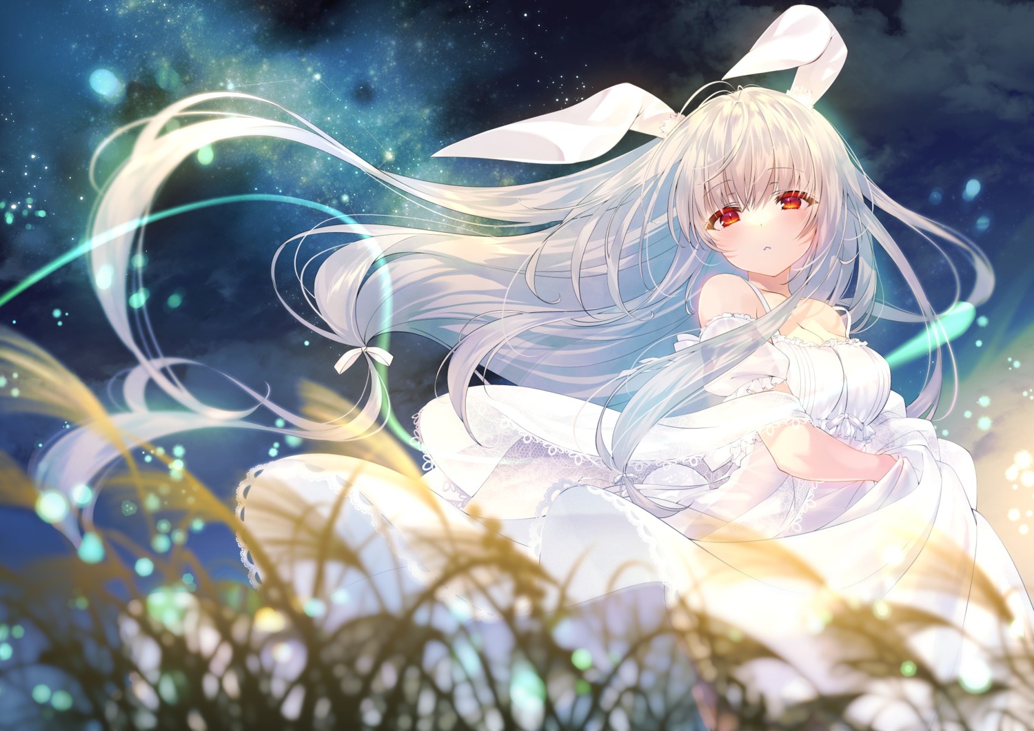 animal_ears bunny_ears dress no_bra see_through shouna_mitsuishi skirt_lift summer_dress