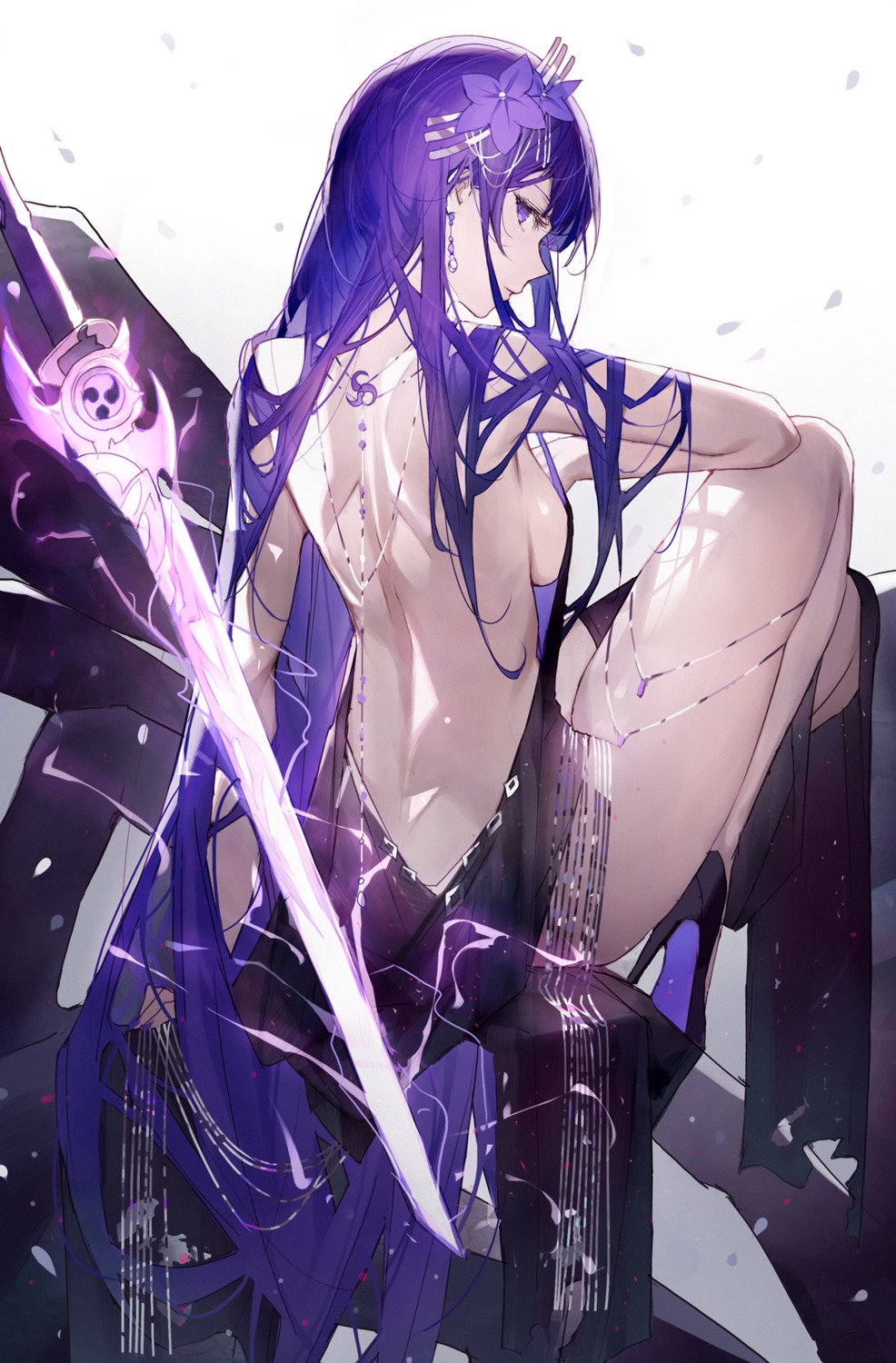 dress genshin_impact no_bra qiandaiyiyu raiden_shogun sword