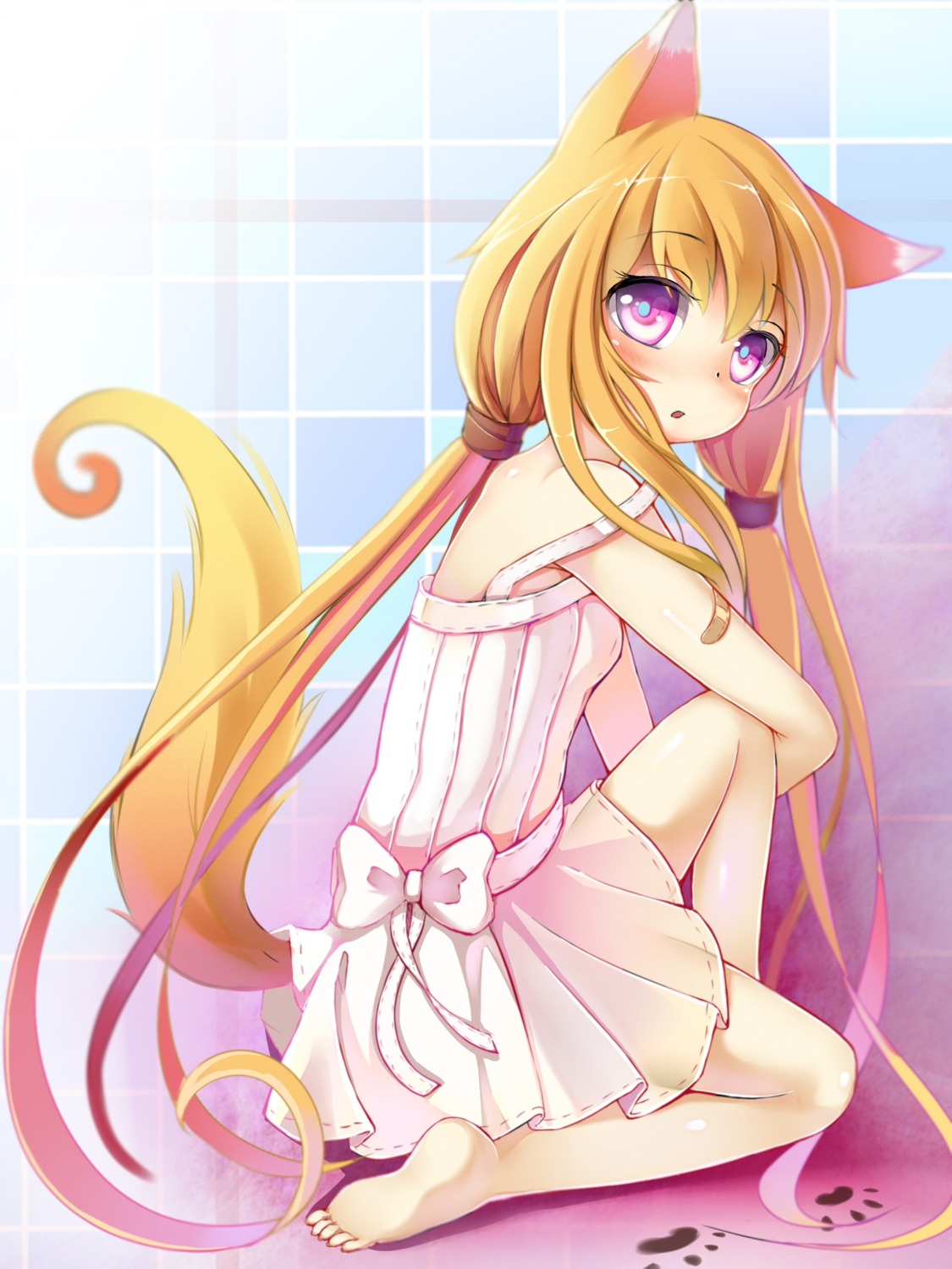 animal_ears bandaid dress feet kitsune ming_(heart) summer_dress tail