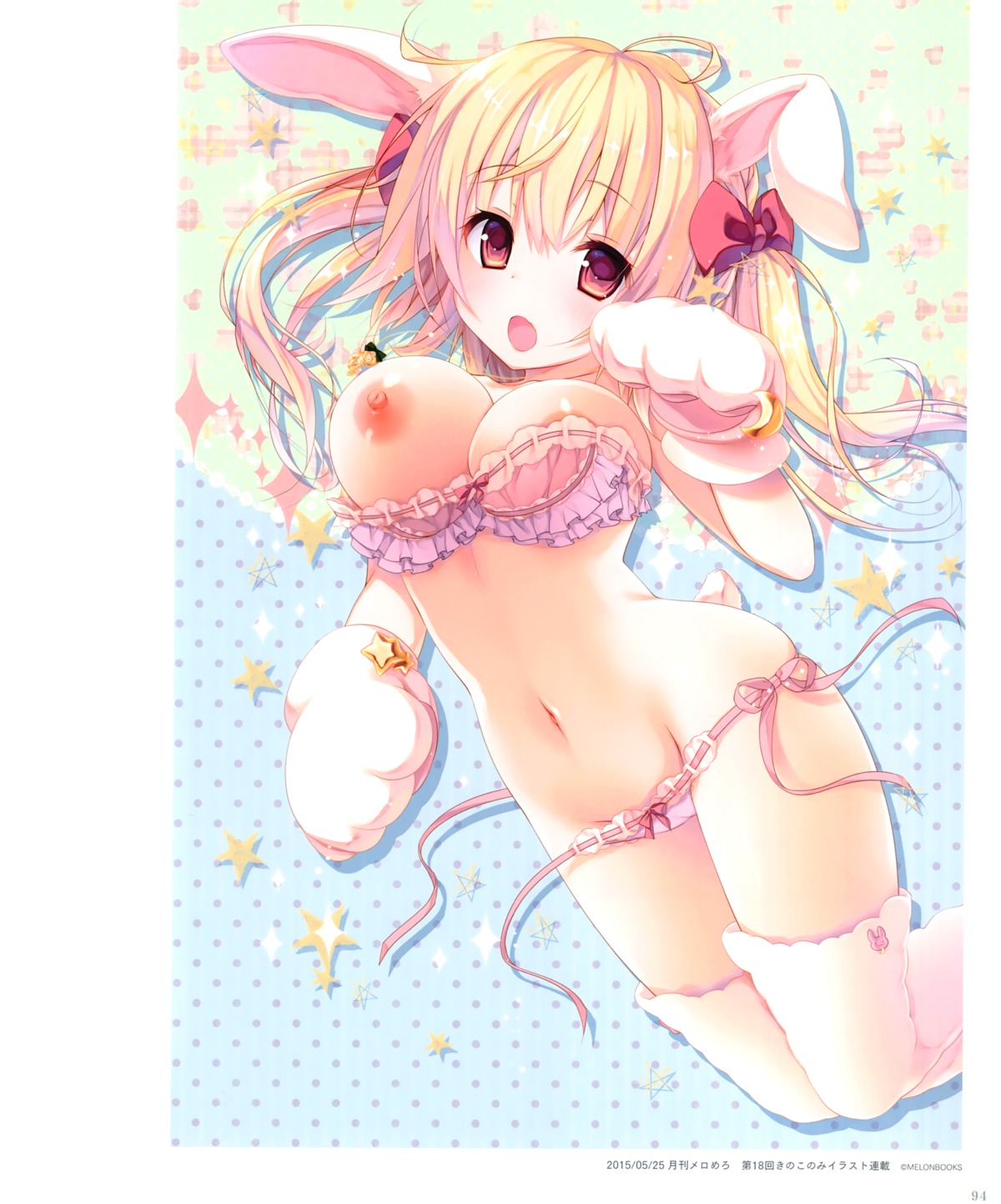 animal_ears bra breasts bunny_ears cameltoe kinokonomi konomi melonbooks nipples nyancology pantsu panty_pull string_panties tail thighhighs usami_miina wardrobe_malfunction