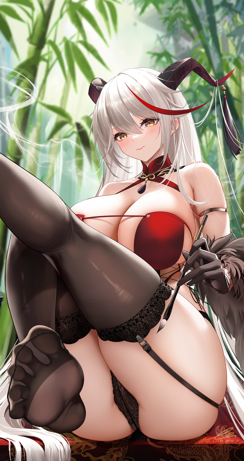 aegir_(azur_lane) azur_lane feet horns liu_liaoliao no_bra pantsu stockings thighhighs thong