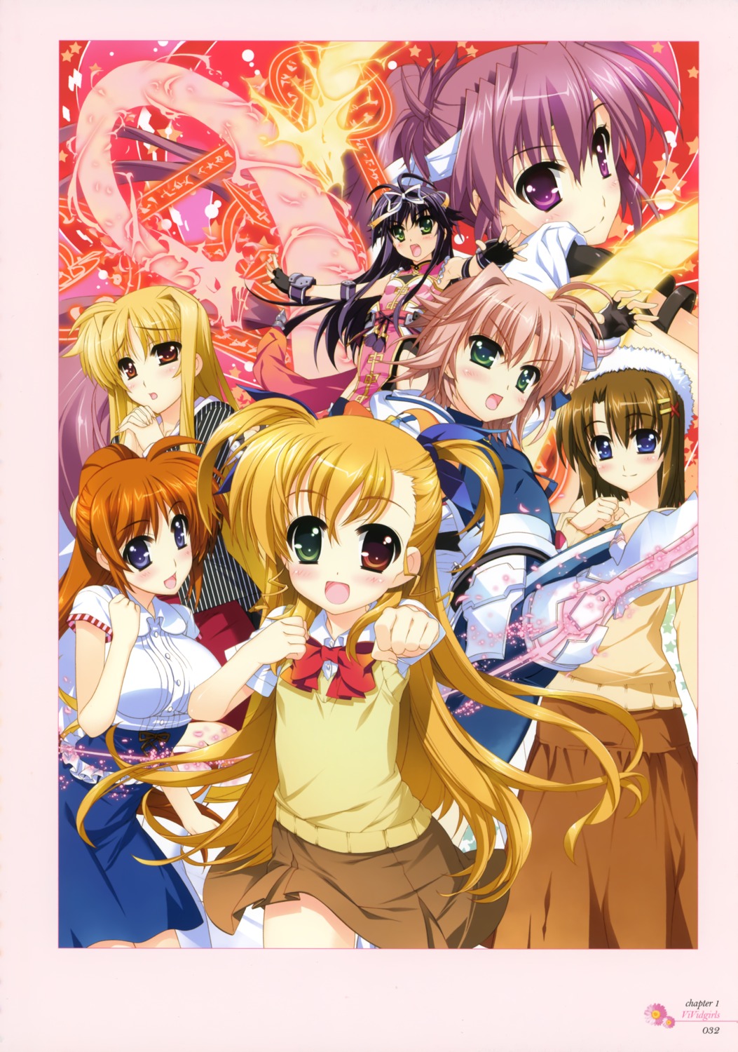 fate_testarossa fujima_takuya harry_tribeca heterochromia mahou_shoujo_lyrical_nanoha mahou_shoujo_lyrical_nanoha_vivid miura_rinaldi rio_wezley seifuku takamachi_nanoha vivio yagami_hayate