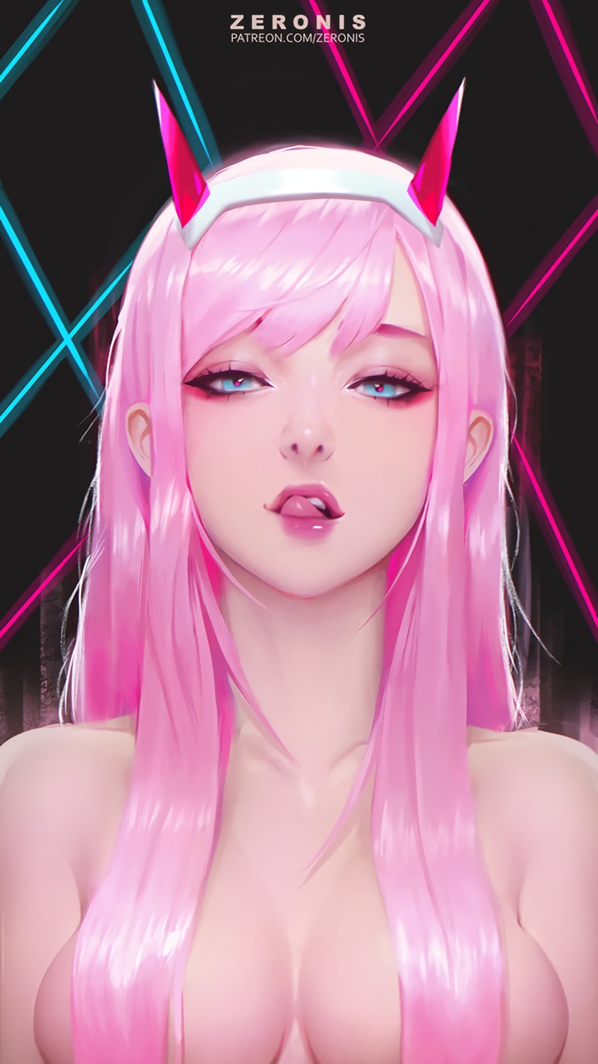 darling_in_the_franxx horns official_watermark topless zero_two_(darling_in_the_franxx) zeronis