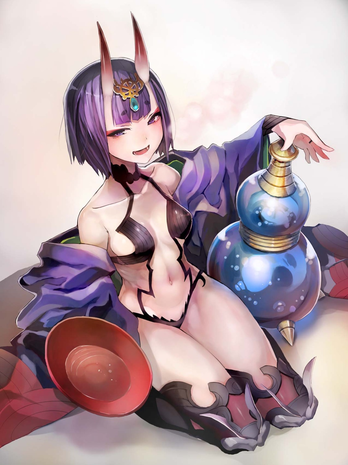 cleavage fate/grand_order horns no_bra open_shirt pantsu sake shuten_douji_(fate) taishi_(picchiridou)