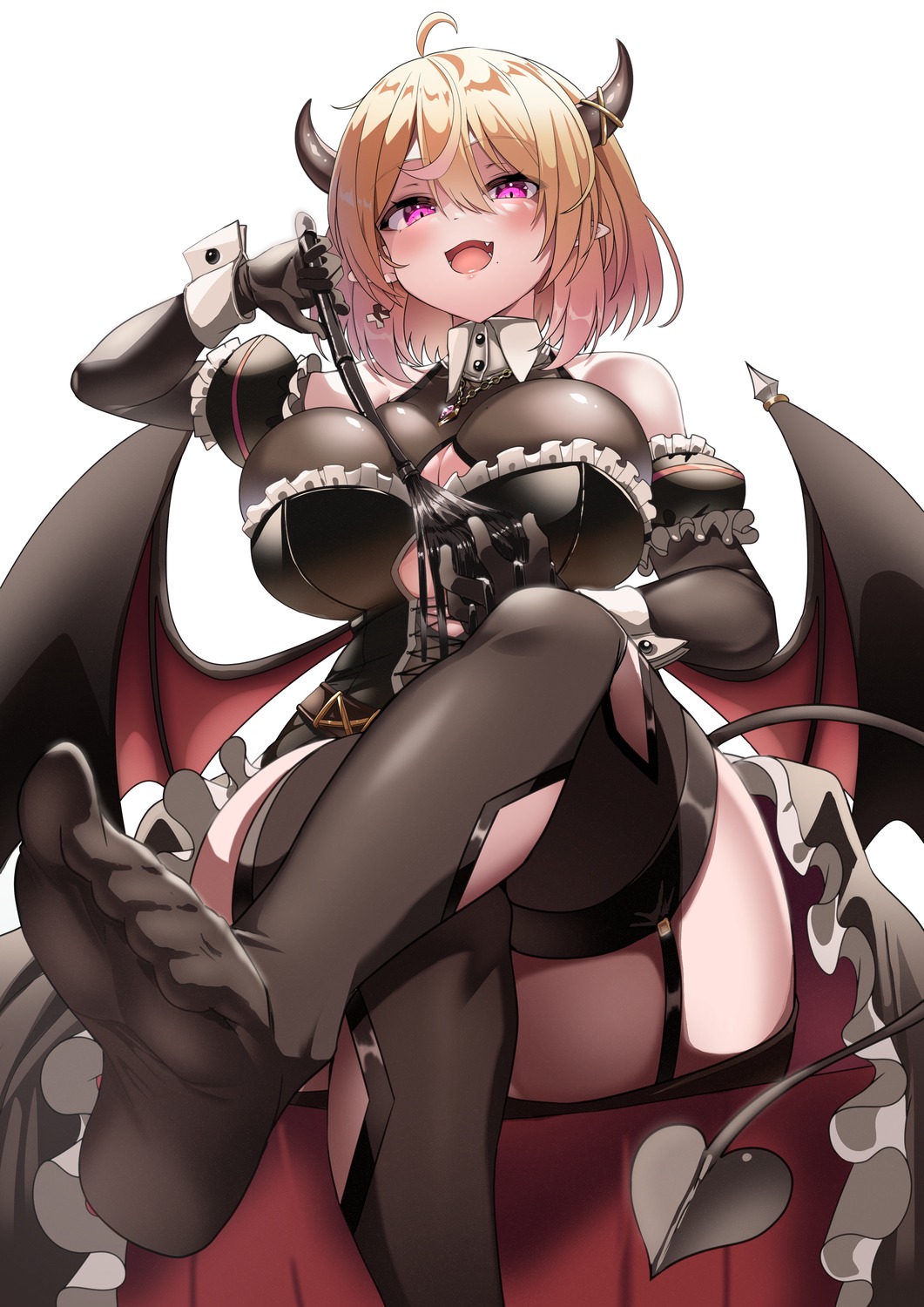 devil feet horns pointy_ears see_through stockings tail takimoto_yukari thighhighs weapon wings