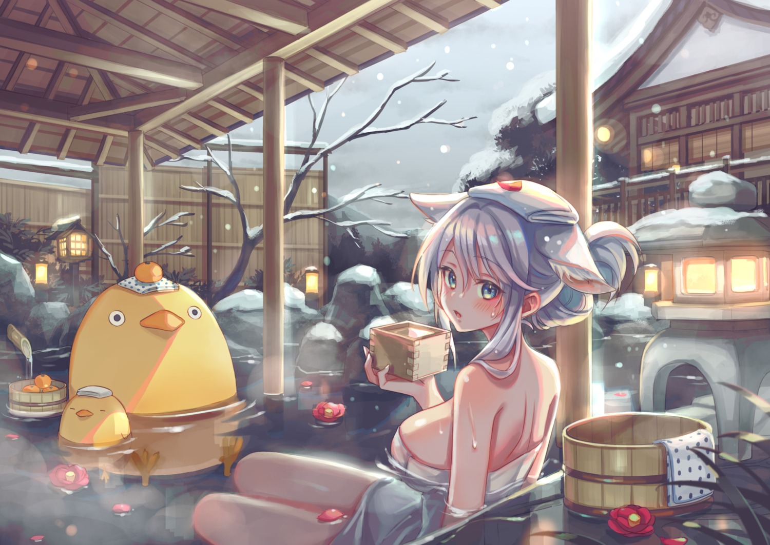 animal_ears bathing onsen towel wet zoff_(daria)