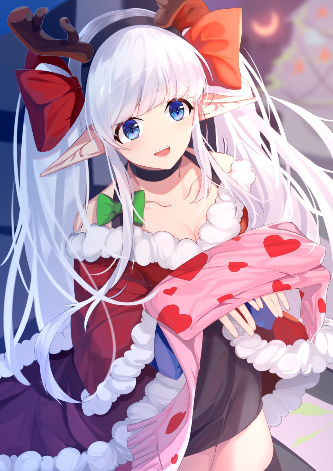 christmas cleavage dress horns menghuan_tian pointy_ears thighhighs