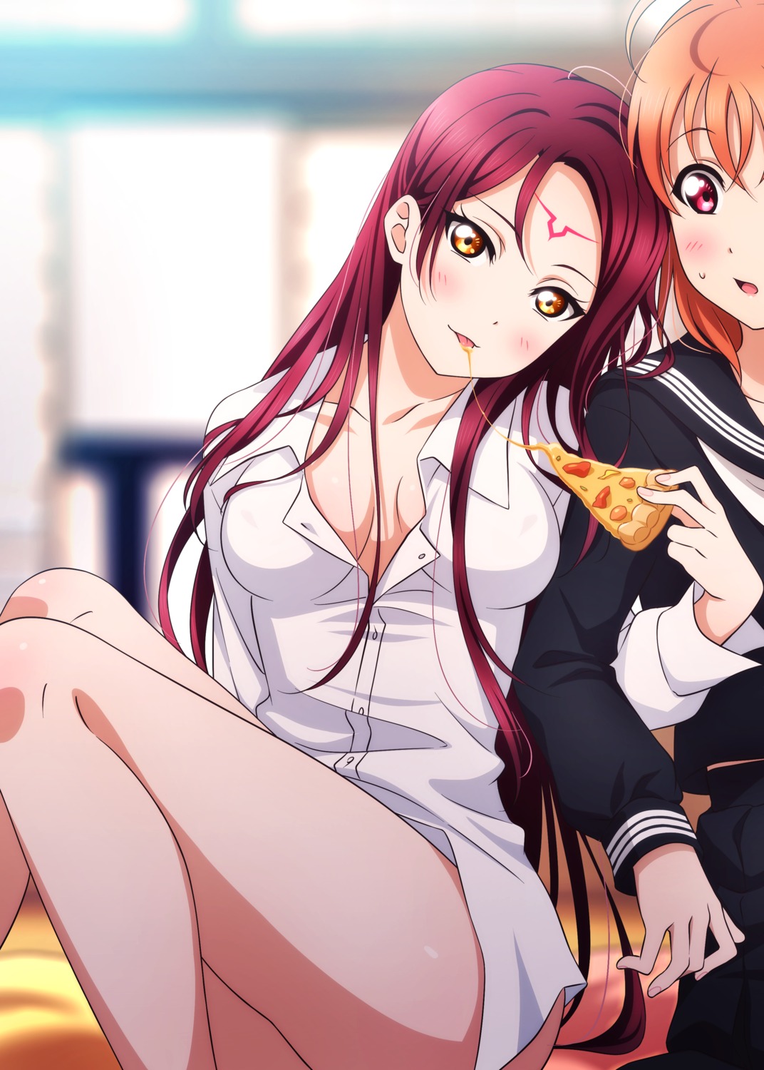 dress_shirt kougi_hiroshi love_live!_sunshine!! no_bra sakurauchi_riko seifuku takami_chika tattoo yuri