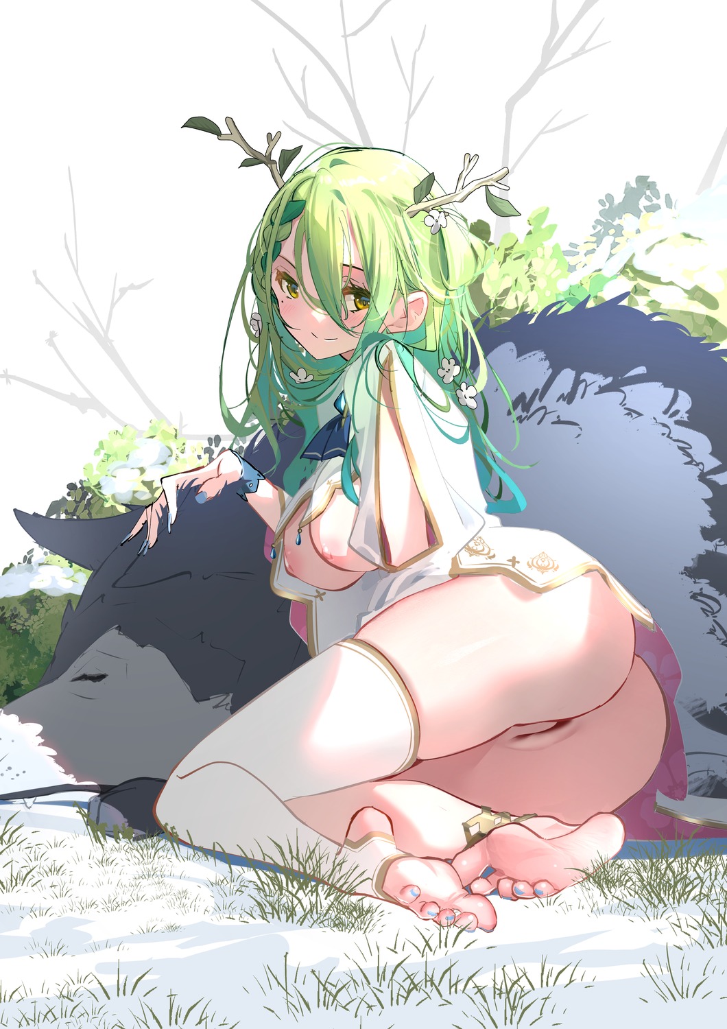 breasts ceres_fauna hololive hololive_english horns nipples pussy sydus thighhighs uncensored