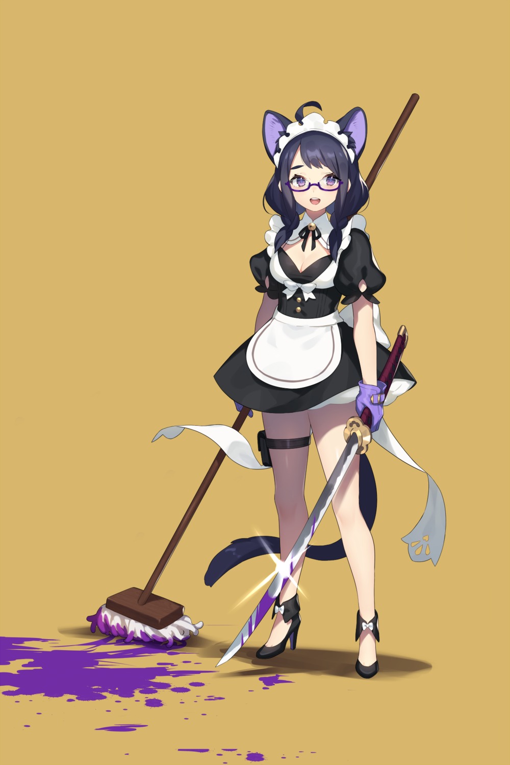 animal_ears cleavage heels maid megane nekomimi ni02_(asahi_nini) sword tail