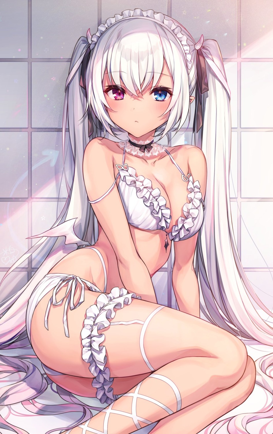 bikini cleavage garter heterochromia horns komeshiro_kasu pointy_ears swimsuits wings