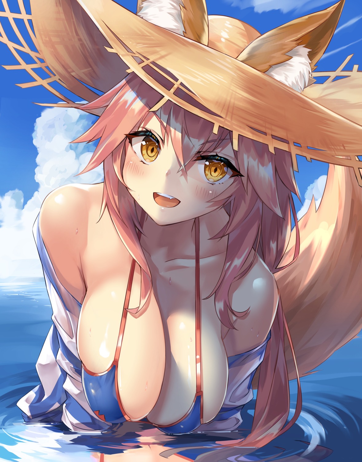 animal_ears basil_(st_1) bikini_top cleavage fate/grand_order open_shirt swimsuits tail tamamo_no_mae wet