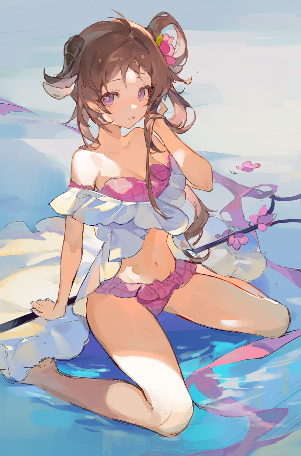 animal_ears arknights bikini eyjafjalla_(arknights) hoirn horns open_shirt sketch swimsuits wet