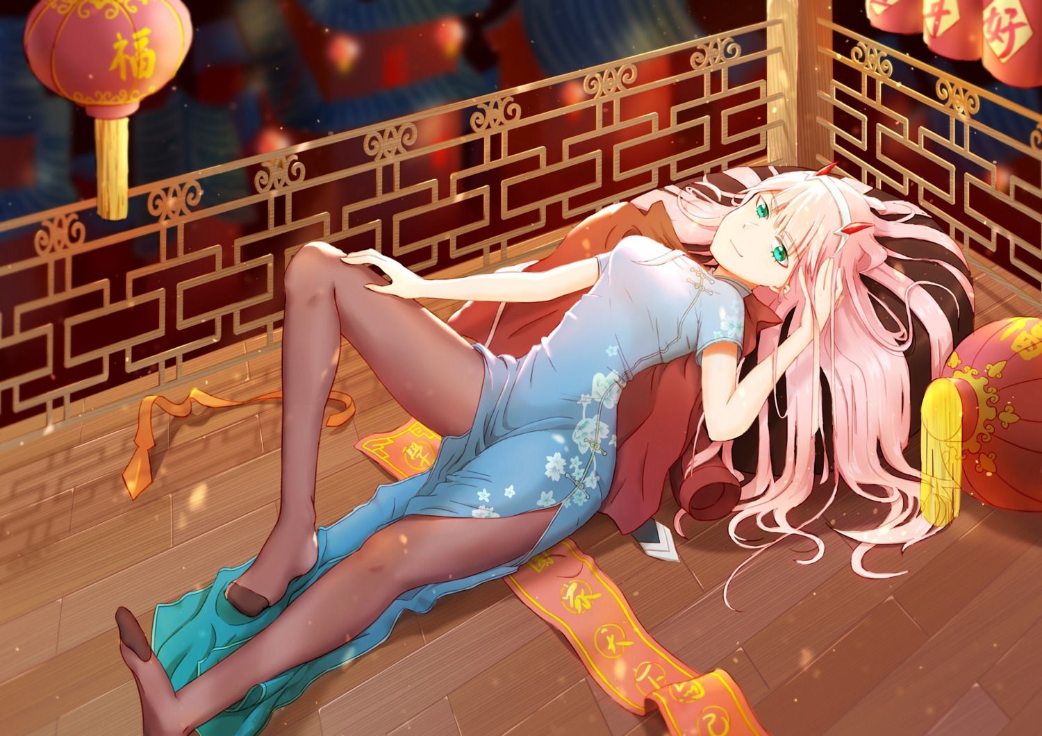 chinadress darling_in_the_franxx horns karma17 pantyhose zero_two_(darling_in_the_franxx)