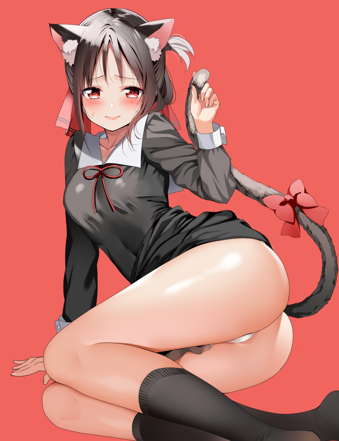 animal_ears cameltoe kaguya-sama_wa_kokurasetai_~tensai-tachi_no_renai_zunousen~ nekomimi pantsu piyopoyo seifuku shinomiya_kaguya skirt_lift tail thong