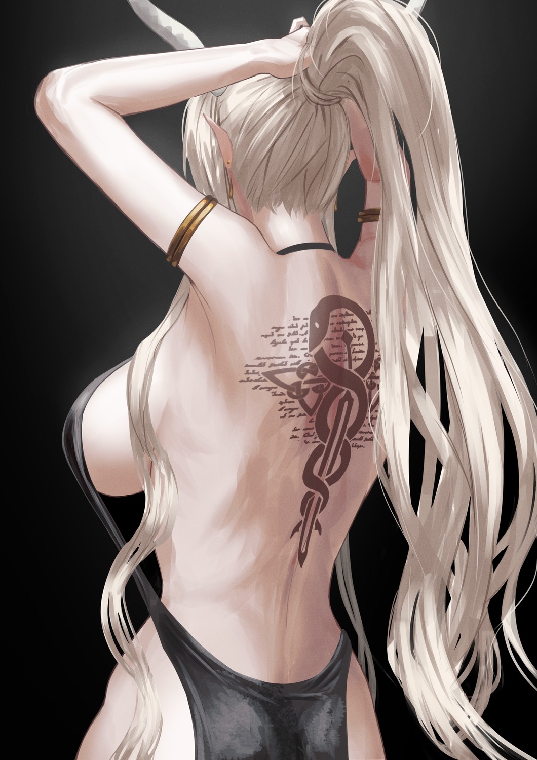 arknights dress gino horns no_bra pointy_ears shining_(arknights) tattoo