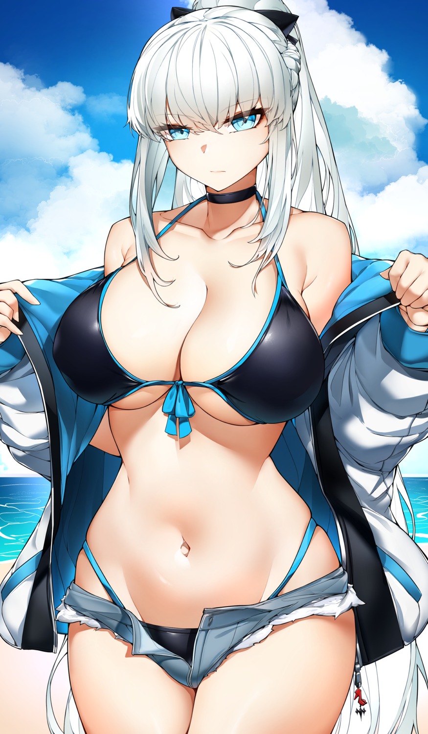 bikini casul fate/grand_order morgan_le_fay_(fate) open_shirt swimsuits undressing