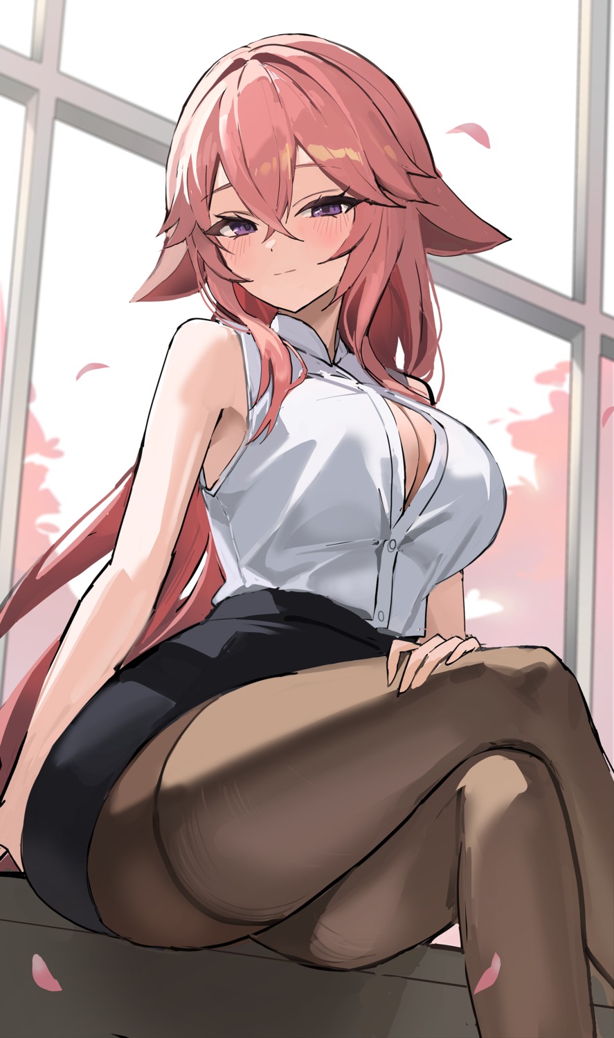 animal_ears cleavage genshin_impact kitsune no_bra open_shirt pantyhose sinkee yae_miko