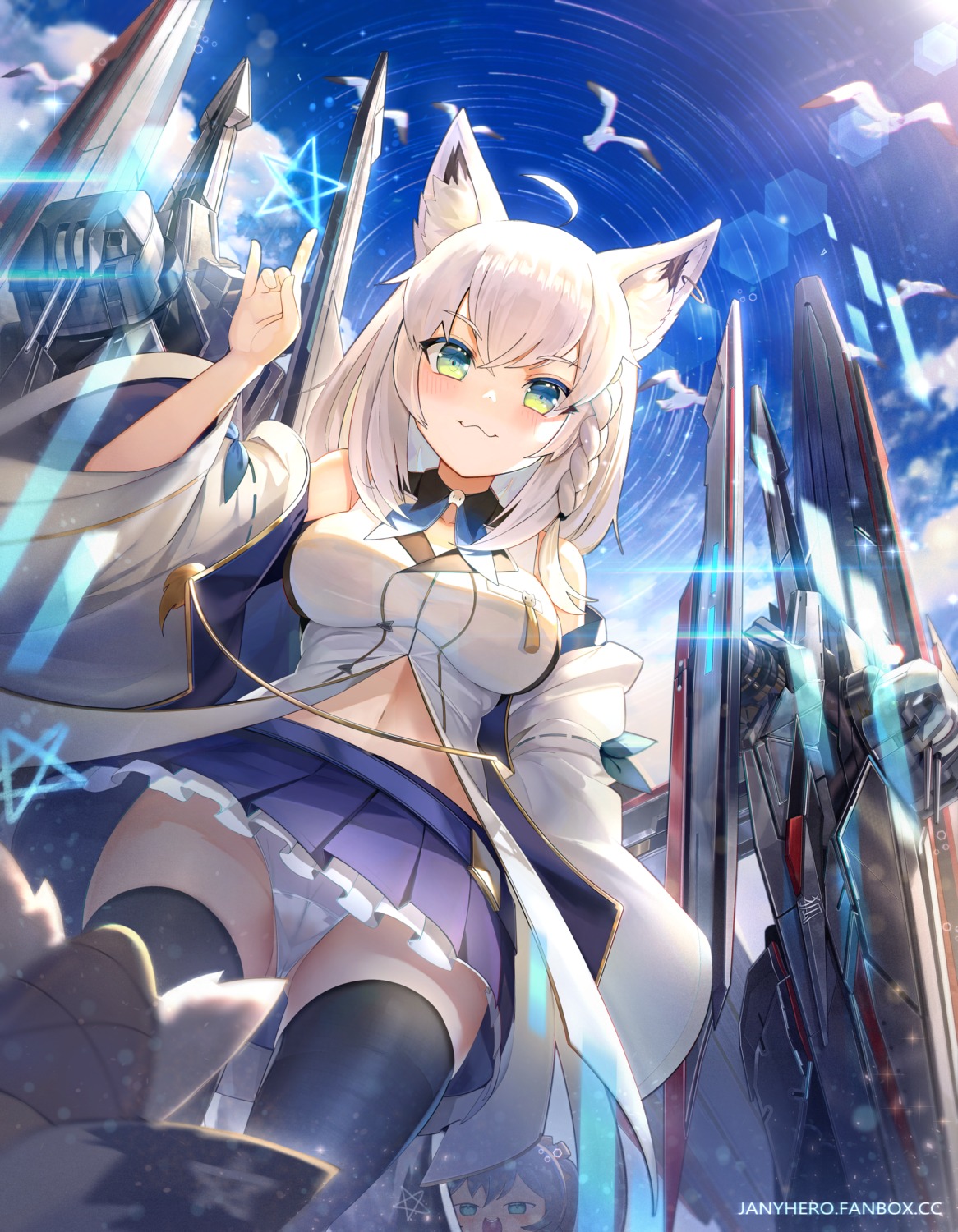 animal_ears cameltoe hololive hololive_gamers janyhero kitsune pantsu shirakami_fubuki skirt_lift thighhighs