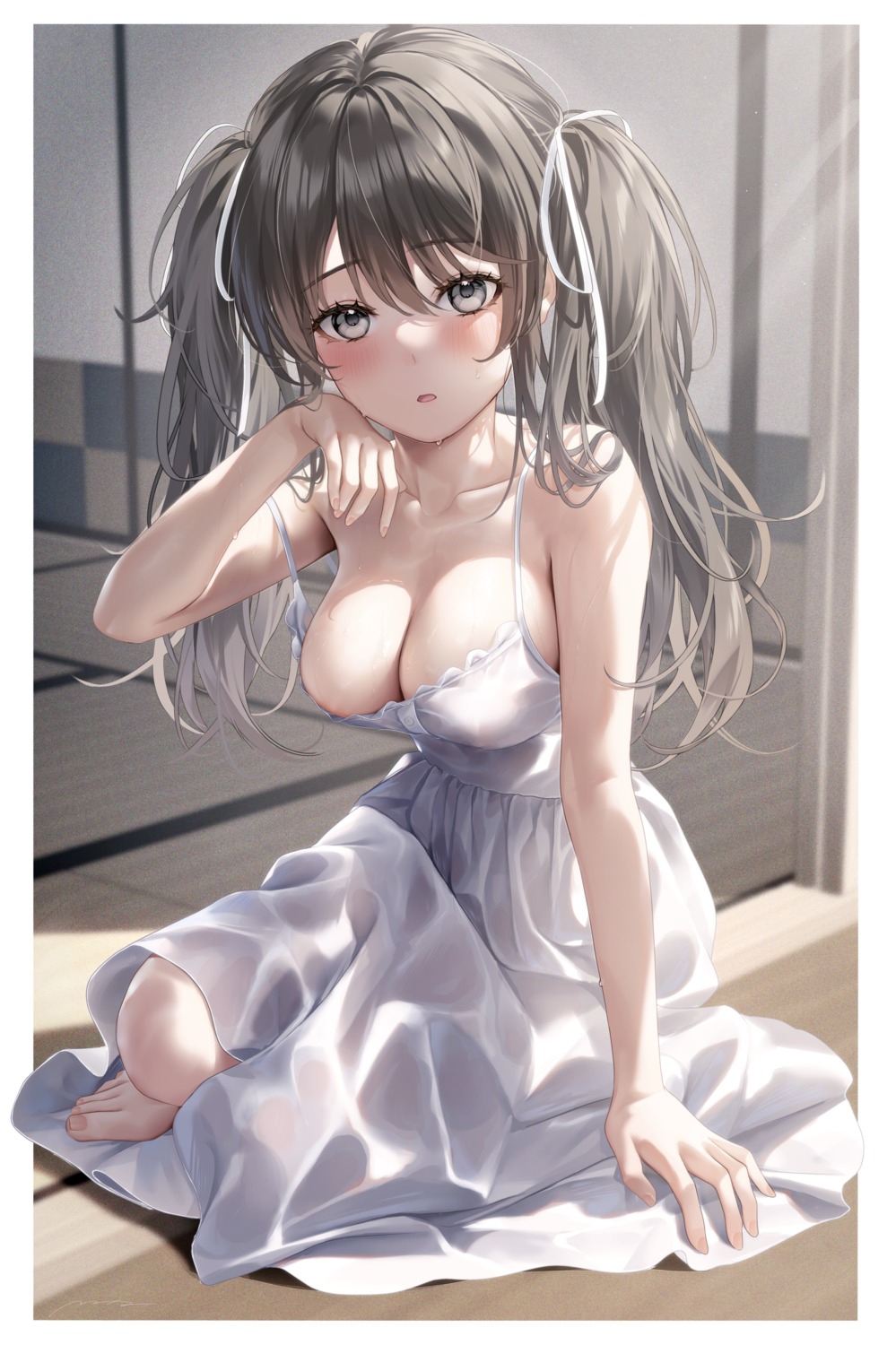 areola dress erect_nipples mhru no_bra see_through summer_dress wet