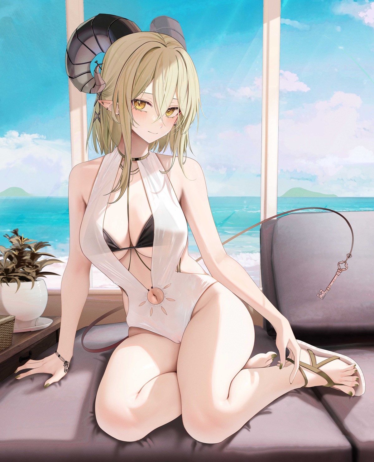 horns pointy_ears ru_zhai see_through swimsuits tail