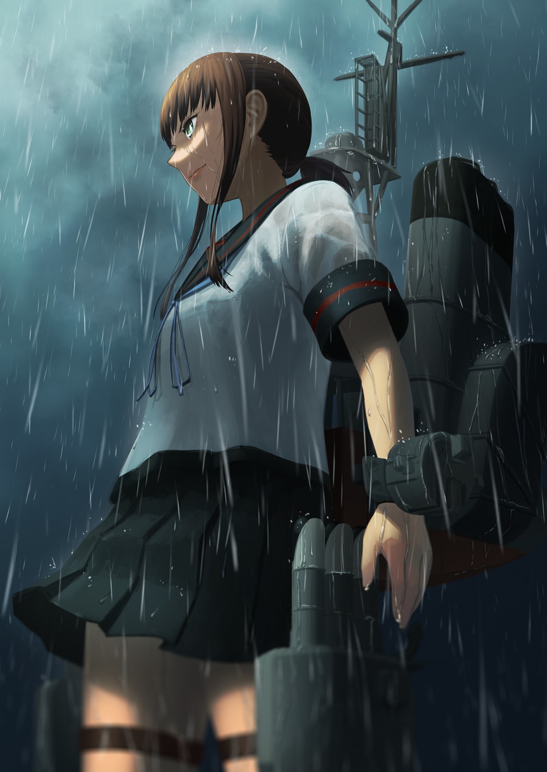 fubuki_(kancolle) garter gun kantai_collection seifuku wet wet_clothes yue_(tada_no_saboten)