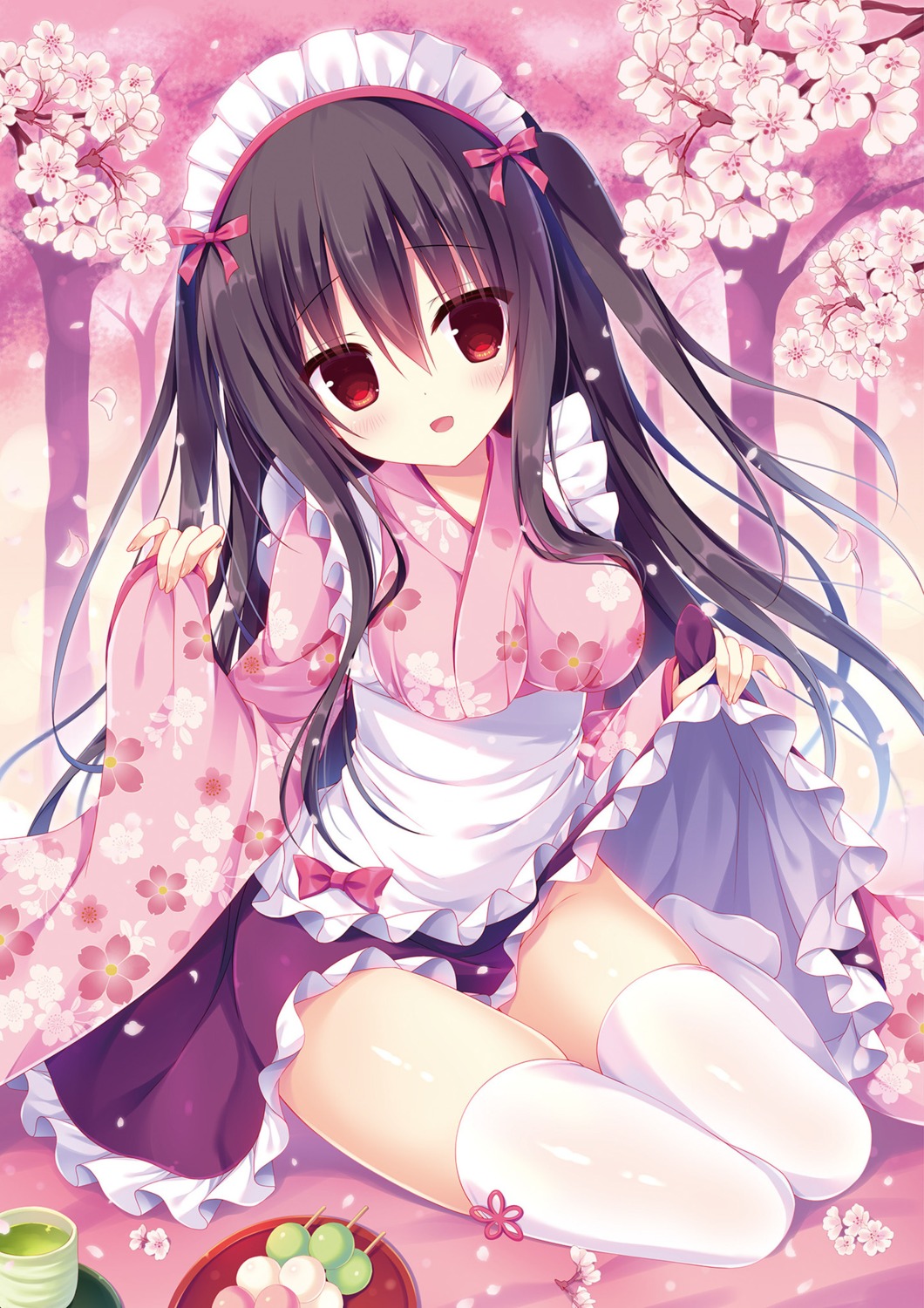 hasune kimono maid skirt_lift thighhighs wa_maid