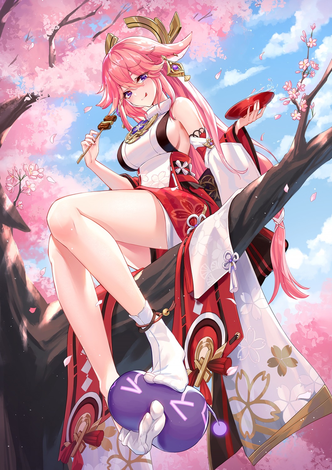 animal_ears artist_revision genshin_impact japanese_clothes kitsune lalazyt no_bra yae_miko