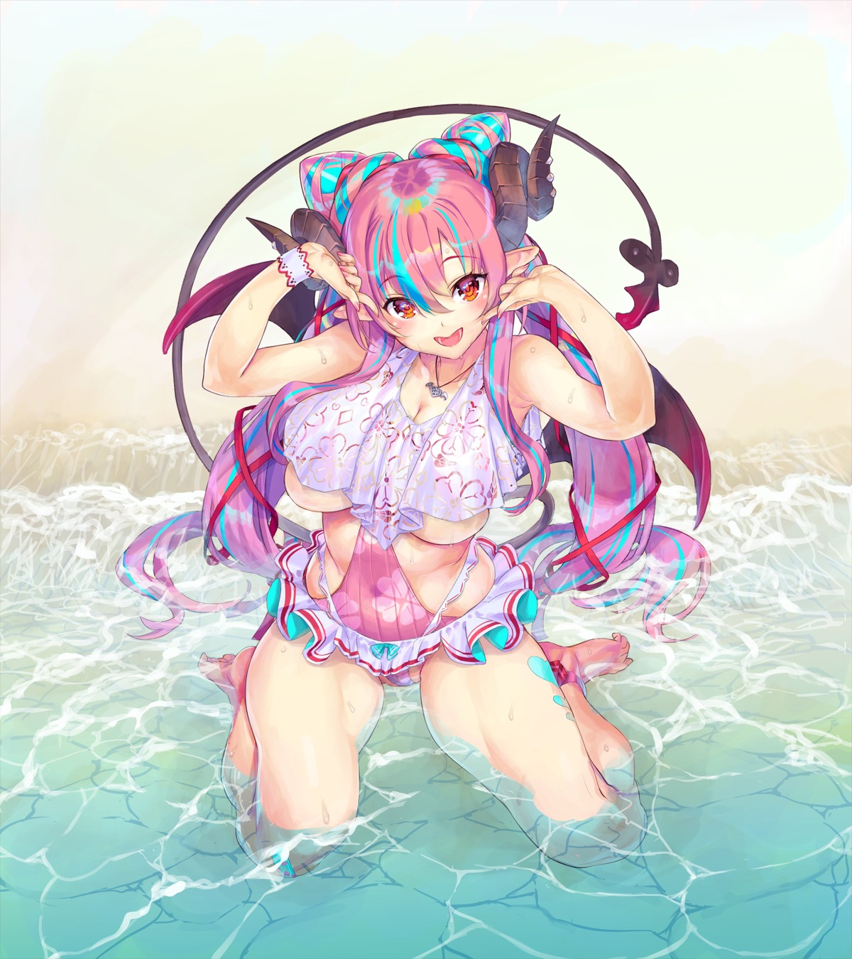 devil horns indie_virtual_youtuber nakajima_pepero ore_p_1gou pointy_ears swimsuits tail wet wings