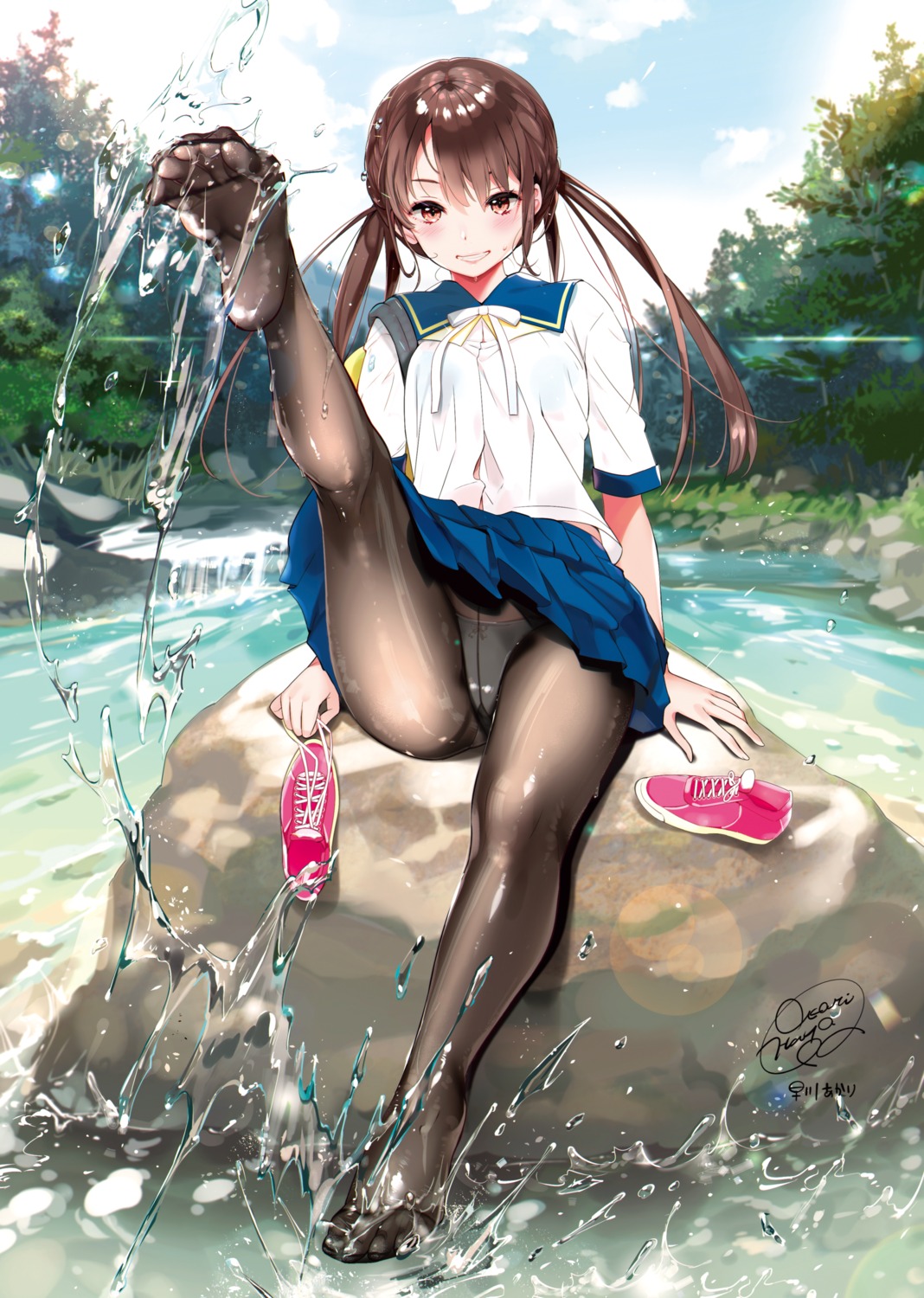 bra digital_version feet hayakawa_akari pantsu pantyhose see_through seifuku skirt_lift wet wet_clothes