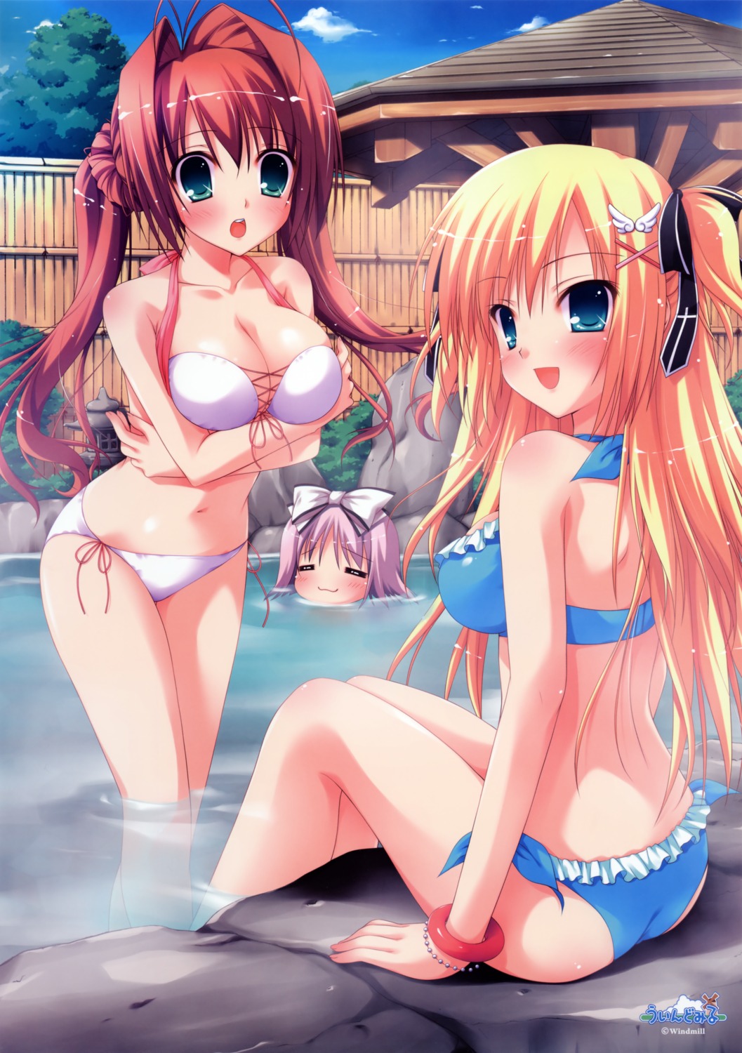 bikini cleavage iro_ni_ide_ni_keri_waga_koi_wa kaede_yuzuna narumi_yuu onsen suzueda_komachi swimsuits tenjo_rio windmill