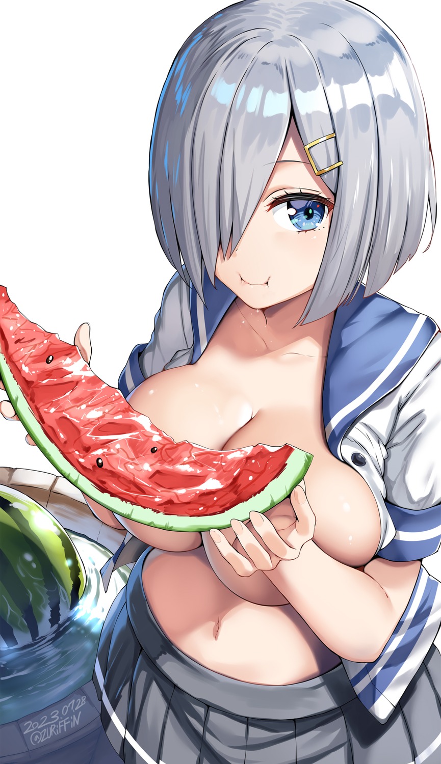 belko breasts hamakaze_(kancolle) kantai_collection no_bra open_shirt seifuku