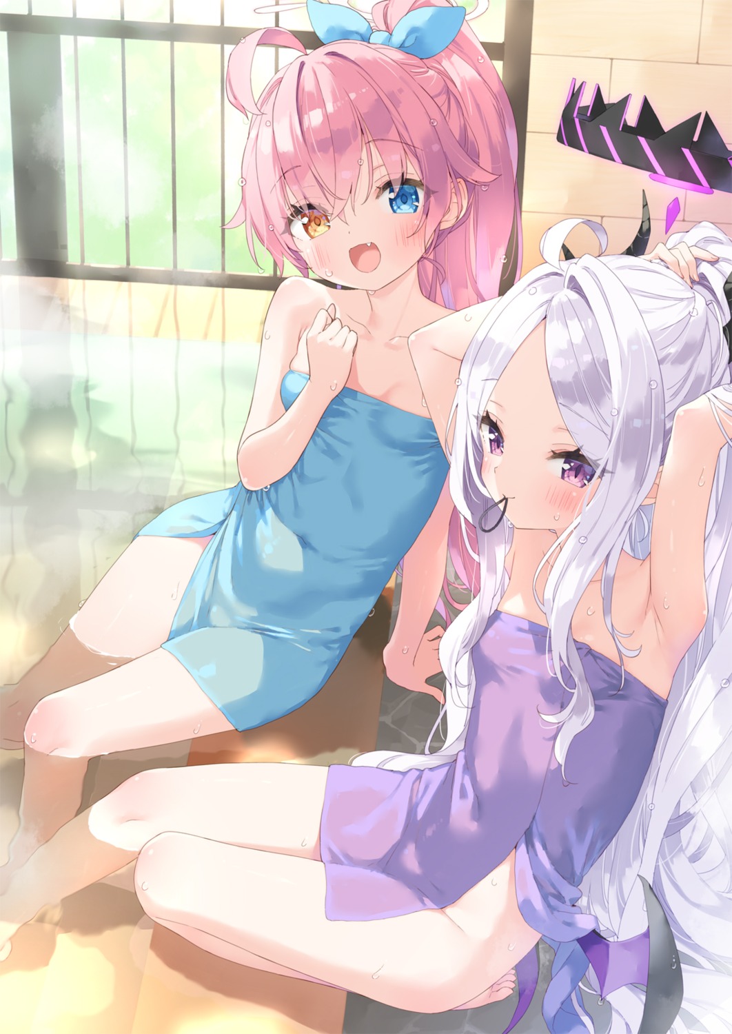 blue_archive devil halo heterochromia horns kani_biimu loli see_through sorasaki_hina takanashi_hoshino towel wet wings