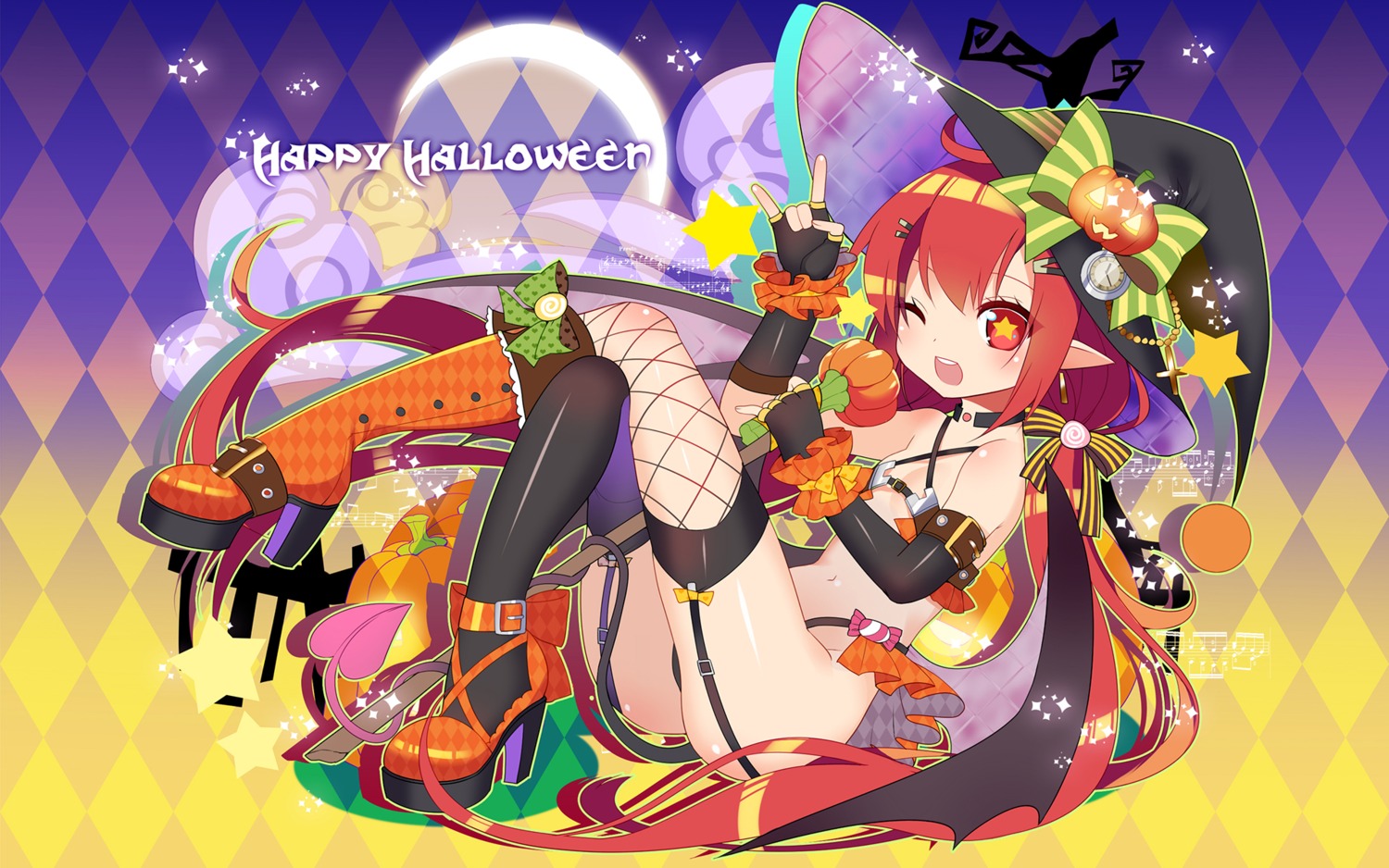 cleavage fishnets halloween heels loli m.vv pantsu stockings tail thighhighs wallpaper wings witch