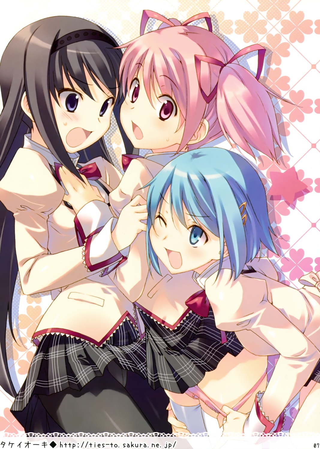 akemi_homura kaname_madoka miki_sayaka panty_pull pantyhose puella_magi_madoka_magica seifuku skirt_lift takei_ooki thighhighs yuri