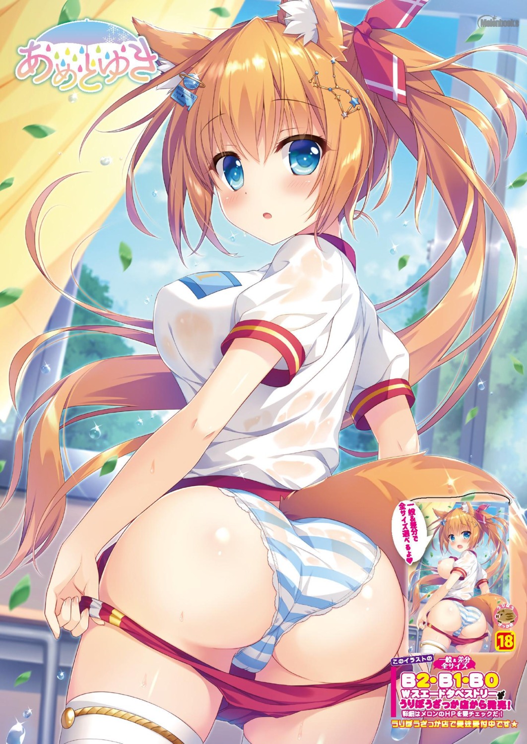 ameto_yuki animal_ears ass buruma ekichou_ookami_(ameto_yuki) melonbooks pantsu shimapan tail thighhighs undressing wet_clothes