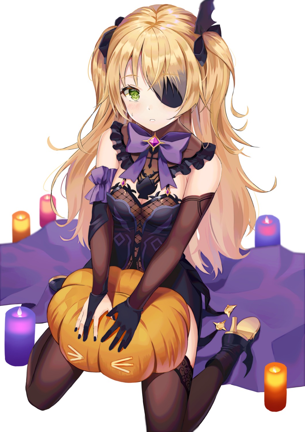 eyepatch fischl fishnets genshin_impact halloween heels hyonee see_through thighhighs