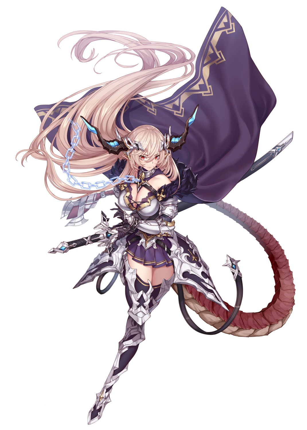 armor cleavage horns ji_dan pointy_ears sword tail thighhighs