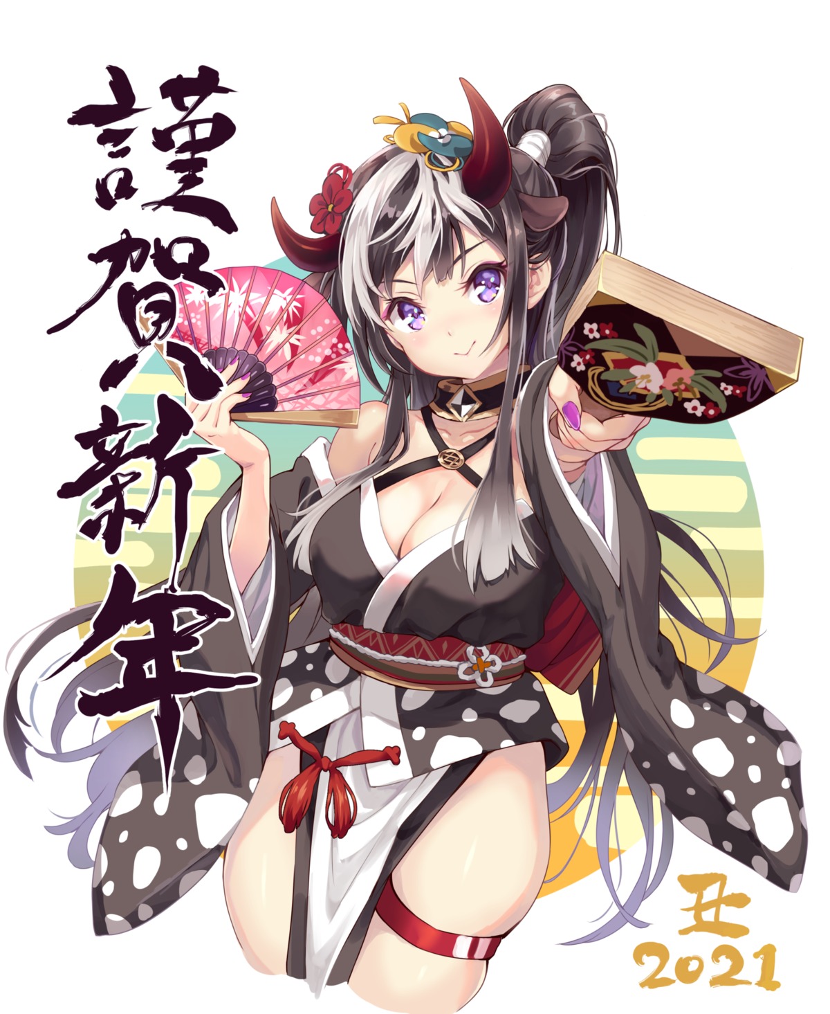 animal_ears cleavage garter hinoki_yuu horns japanese_clothes