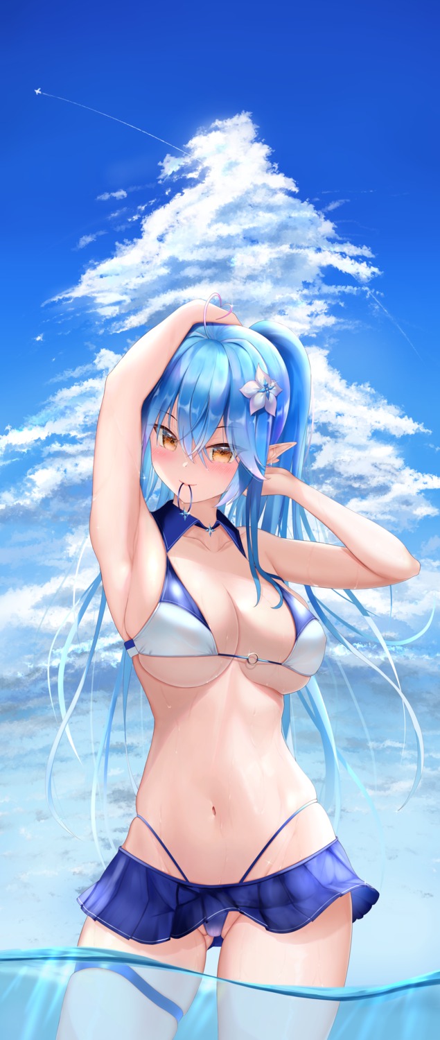 bikini elf garter hololive moubokobokodayo pointy_ears swimsuits wet yukihana_lamy