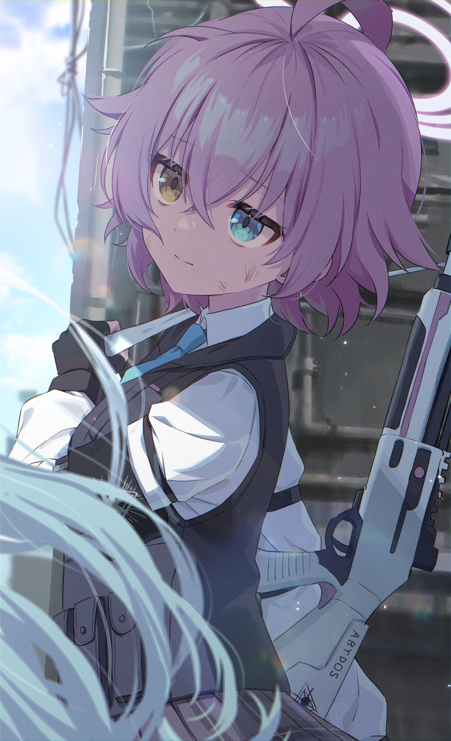 blue_archive gun halo heterochromia momoimon seifuku takanashi_hoshino