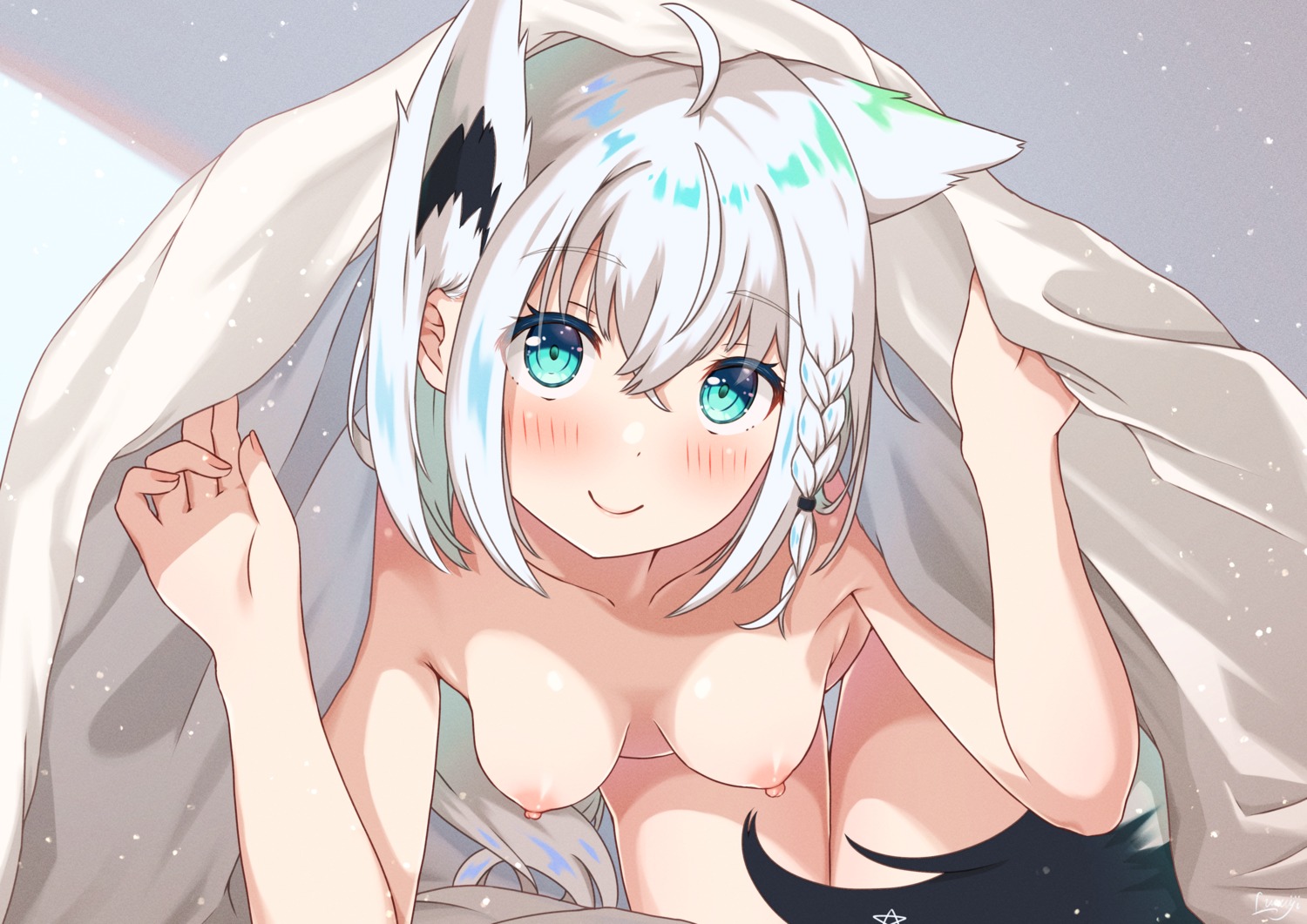 animal_ears hololive hololive_gamers kitsune luvniji naked nipples sheets shirakami_fubuki tail