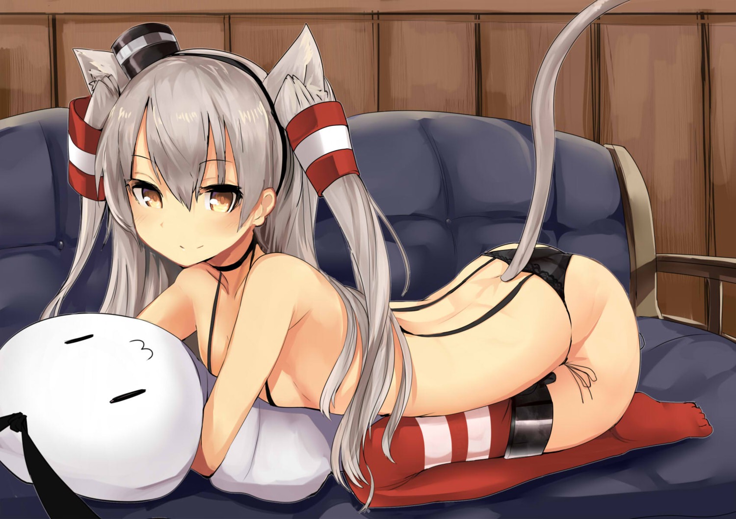 amatsukaze_(kancolle) animal_ears haik kantai_collection loli nekomimi pantsu stockings string_panties tail thighhighs