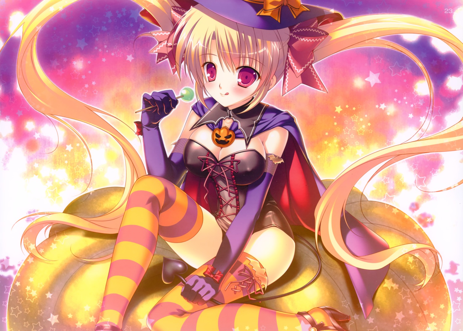 cleavage erect_nipples halloween mikeou pink_chuchu tail thighhighs witch