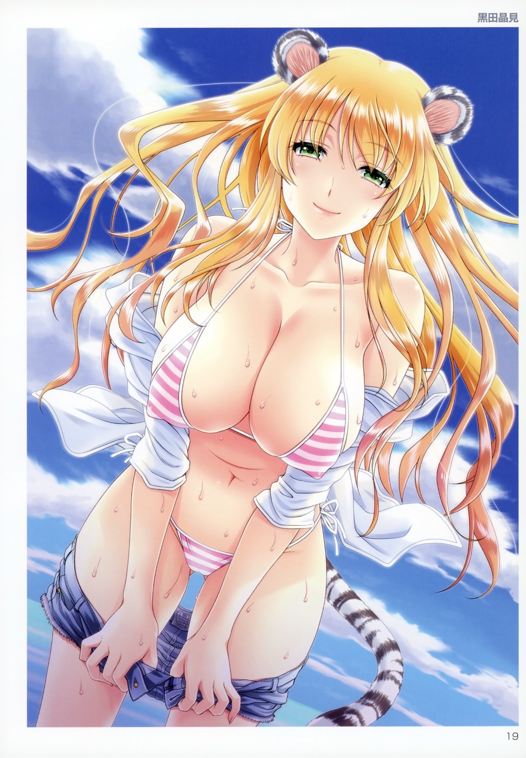 animal_ears bikini erect_nipples kuroda_akimi open_shirt swimsuits tail undressing wet