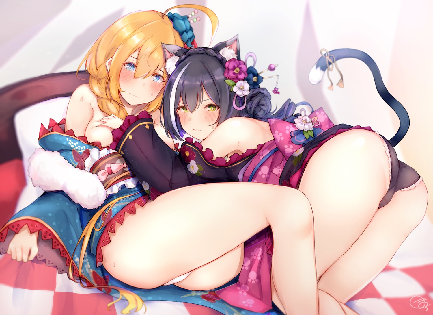 animal_ears ass breast_grab hemachi karyl_(princess_connect) no_bra open_shirt pantsu pecorine princess_connect princess_connect!_re:dive skirt_lift tail thong yukata yuri