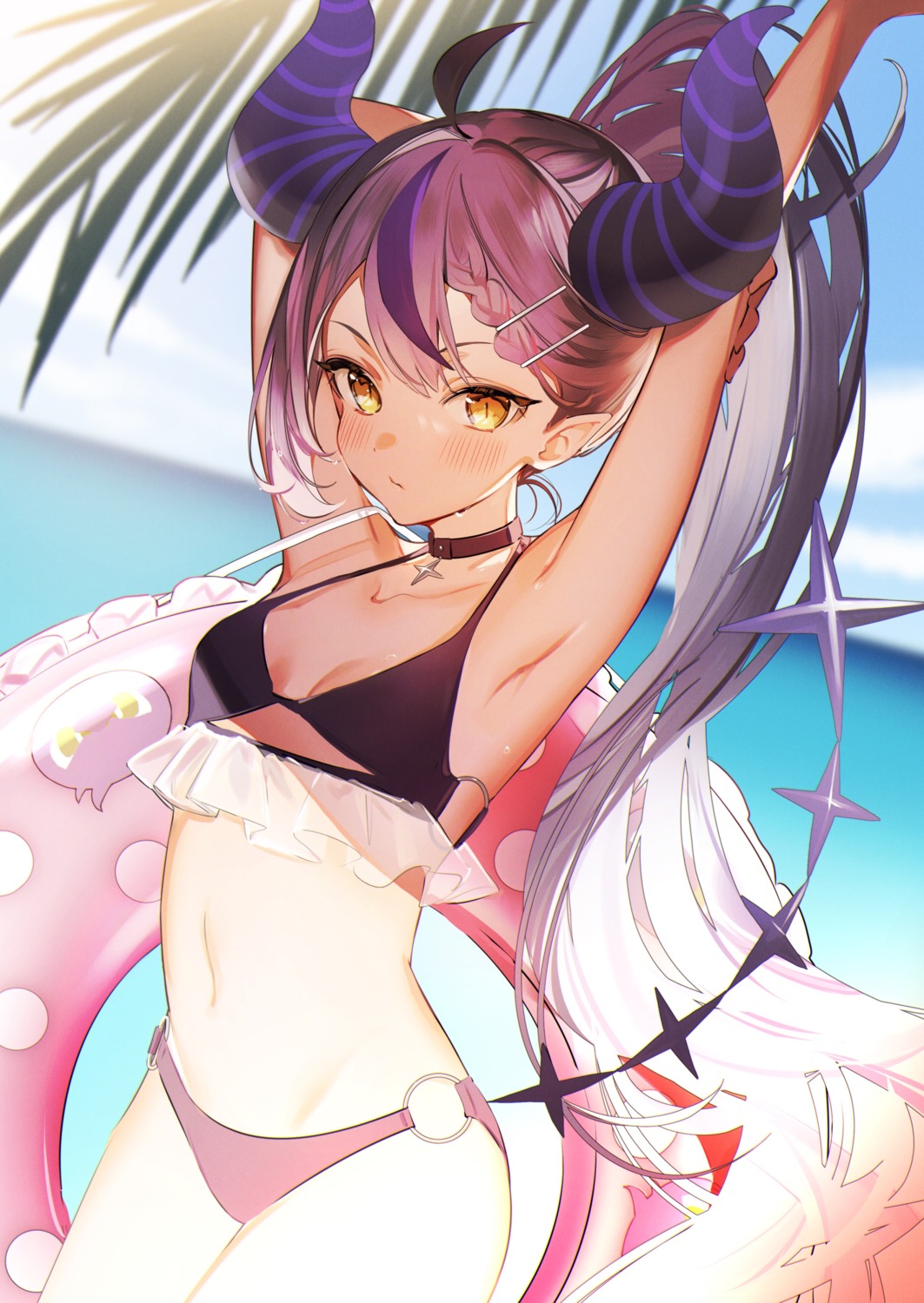 bikini cleavage hololive horns kuma_daigorou la+_darknesss loli pointy_ears see_through swimsuits tail