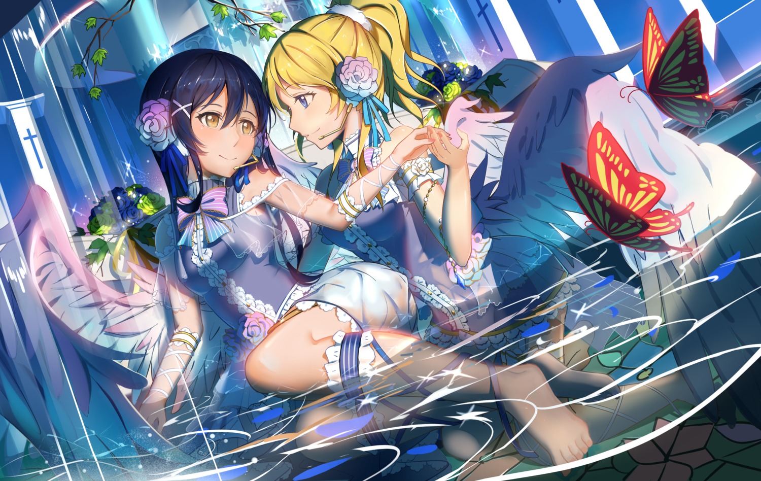 ayase_eli dress feet love_live! lu" see_through sonoda_umi wet wet_clothes wings